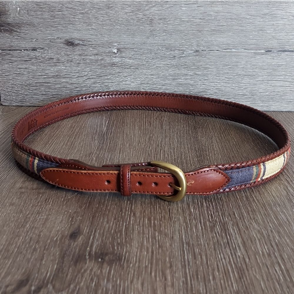 Vintage REI Tapestry Brown Leather Belt Solid Brass Buckle Size 40